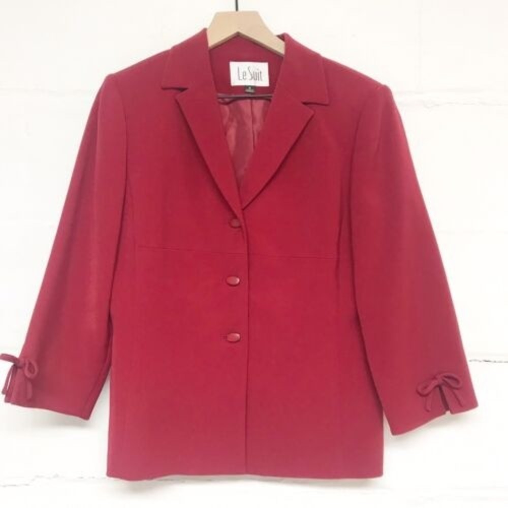 Le Suit Red Blazer Womens Size 8 Bow Detail On Sleeves Business Career Wear